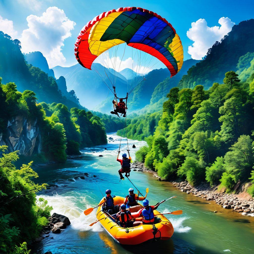 A breathtaking landscape depicting a diverse range of adventures, from hiking through lush green forests to zip-lining over majestic waterfalls. Include people experiencing pure joy—a family atop a mountain, friends rafting on a river, and a couple paragliding. The vibrant colors of nature and the elation on their faces amplify the theme of joy turning into euphoria. Dynamic composition with a blend of excitement and serene beauty. super-realistic. vibrant colors. panoramic view.
