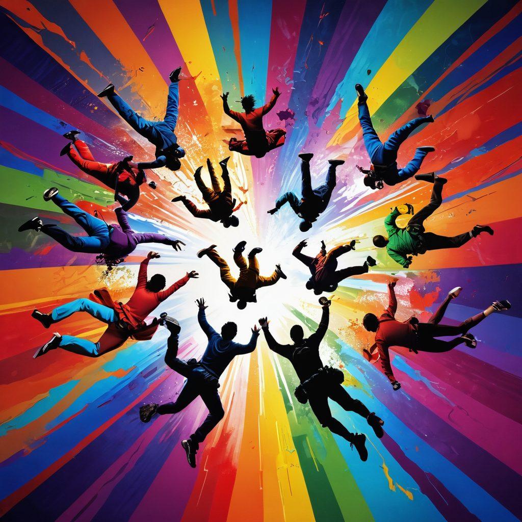 A vibrant and dynamic scene showcasing a diverse group of people engaged in exhilarating activities like skydiving, dance, and extreme sports, all captured in a whirlwind of energy and joy. The background features a kaleidoscope of colors representing emotions and experiences, with abstract representations of encounters and connections. The atmosphere is electric, emphasizing the thrill of living life to the fullest. surreal art. vibrant colors. high contrast.