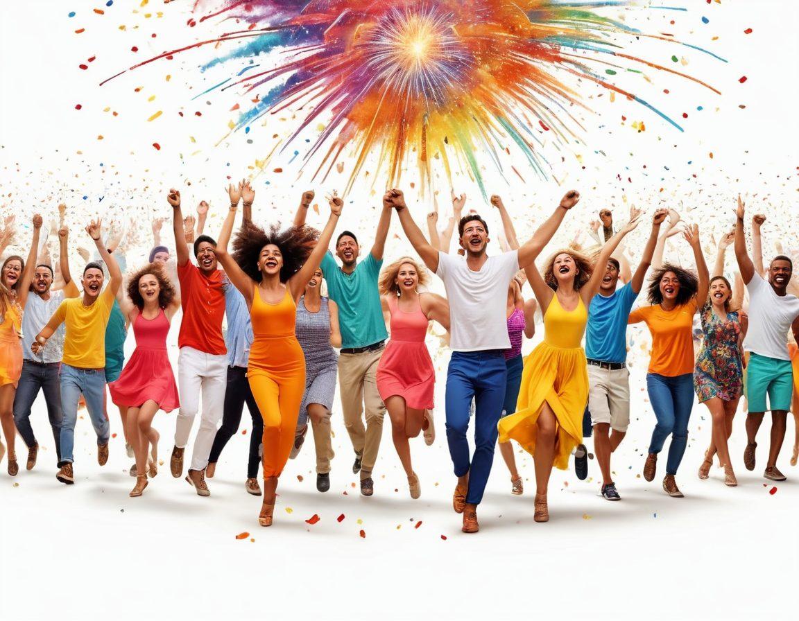 A vibrant scene depicting people engaged in exhilarating activities such as dance, adventure sports, and joyful gatherings, radiating energy and enthusiasm. The atmosphere should convey a sense of euphoria with warm, bright colors and dynamic movement. Incorporate symbolic elements like fireworks or confetti to enhance the feeling of celebration and intensity. super-realistic. vibrant colors. white background.